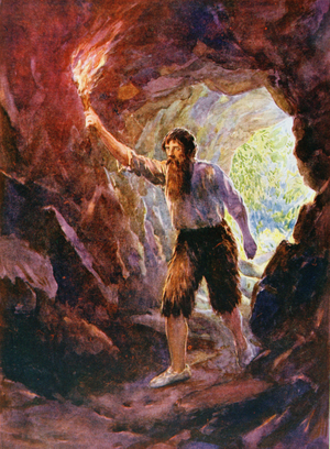 Crusoe's Adventure in the Cave, illustration for 'Robinson Crusoe' by Daniel Defoe (1660-1731) (colour litho)