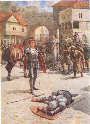 The proud Earl of Coventry lay dead, from 'St. George to the Rescue', The Seven Champions of Christendom, by Rose Yeatman Woolf, published by Raphael Tuck, 1920s (colour litho)