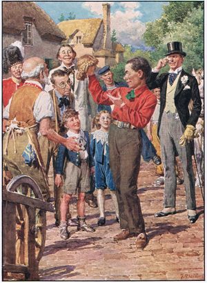 He shows the crowd the wig, The Tinker's Wig, 1947 (colour litho)