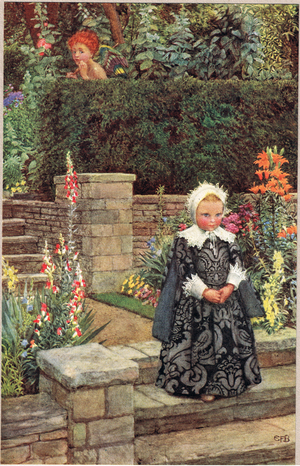 Young Girl in a Garden, illustration from 'The Book of Old English Songs and Ballads' published by Stodder and Houghton, c.1910 (colour litho)
