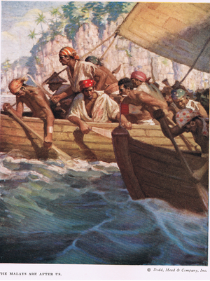 The Malays are after us, illustration from 'Moby-Dick' by Herman Melville (colour litho)