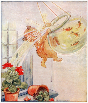 'Poor naughty Cuddly Kitty jumps...', illustration from 'Cuddly Kitty and Busy Bunny', by Clara G. Denis, published by Thomas Nelson and Sons, Ltd., 1926 (colour litho)