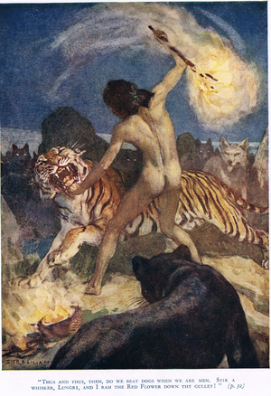 Mowgli fighting a tiger, illustration from 'The Jungle Book' by Rudyard Kipling, published by Macmillan in 1943 (colour litho)