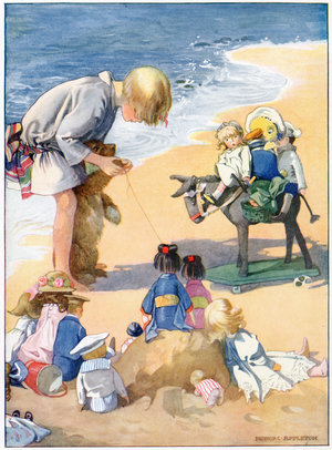 'We made Big Teddy be the donkey boy', illustration from 'Josephine is Busy', by H.C. Cradock, published by Blackie & Son, Ltd. (colour litho)