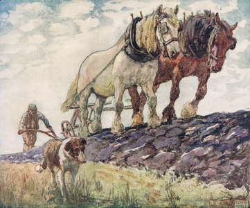 Ploughing the field, illustration from 'Helpers Without Hands' by Gladys Davidson, published in 1919 (colour litho)