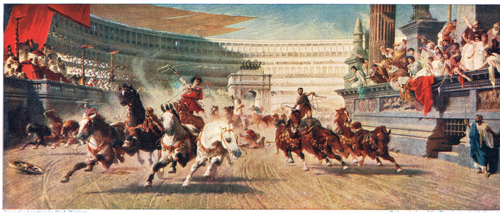 A Roman Chariot Race, illustration from 'Hutchinson's History of the Nations' (colour litho)