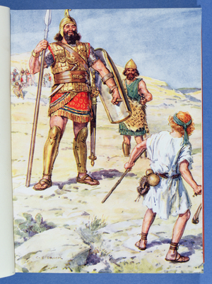 'The Philistine arose and came, and drew nigh to meet David', illustration from 'Through the Bible', Venture Publishing, 1928 (colour litho)