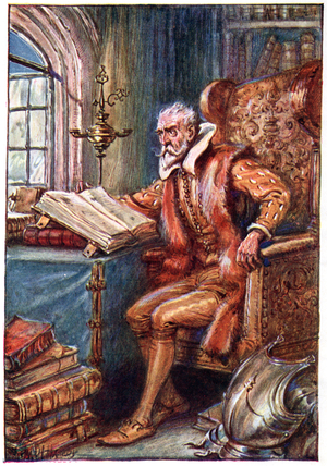 He passed his time in reading books of knight errantry, illustration from 'The Adventures of Don Quixote', published by G. Bell & Sons, Ltd., 1911 (colour litho)