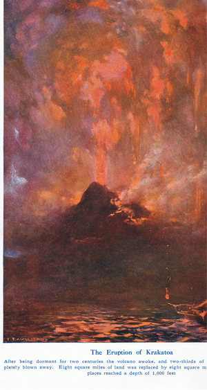 The Eruption of Krakatoa, illustration from 'Wonders of Land and Sea', published by Cassell, London, 1914 (colour litho)