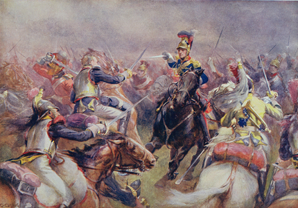 The Charge of the Heavy Brigade against the French Cuirassiers at Waterloo, from 'British Battles on Land and Sea' edited by Sir Evelyn Wood (1838-1919) first published 1915 (colour litho)