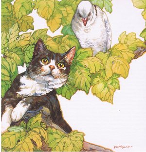 Cat and Dove, illustration from 'Strange Animal Friendships', by K. Nixon (1894-1988), printed by Frederick Warne & Co. Ltd London, 1958 (colour litho)