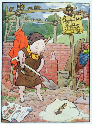 'And the little pig built a house of bricks', illustration from 'The Three Little Pigs', published 1930s (colour litho)