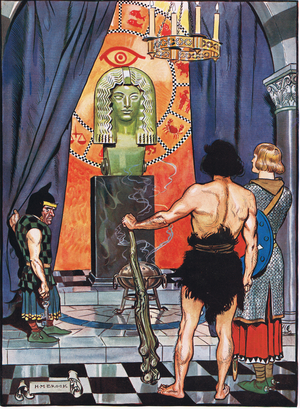 The dwarf and the brazen head, illustration from 'Valentine and Orson' (colour litho)