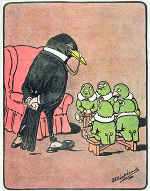 Very Green and Very Innocent, from 'Bubbles in Birdland' by Harold Simpson, pub. by Greening & Co Ltd., 1908 (book illustration)