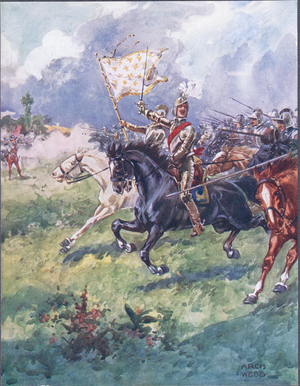 A thousand knights are pressing close behind, illustration from 'Ballads of Famous Fights', c.1900 (colour litho)