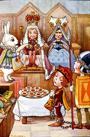 Who stole the tarts? illustration from 'Alice in Wonderland' by Lewis Carroll (1832-98) published London, c.1921 (colour litho)