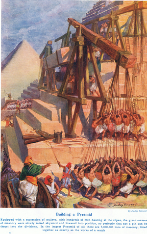 Building a Pyramid, illustration from 'Wonders of Land and Sea', published by Cassell, London, 1914 (colour litho)