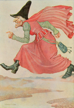 She Went an Hour's Walk with Every Stride, illustration to a story from 'The World's Fairy Tale Book', pub. by G. Harrap and Co. Ltd., London (colour litho)