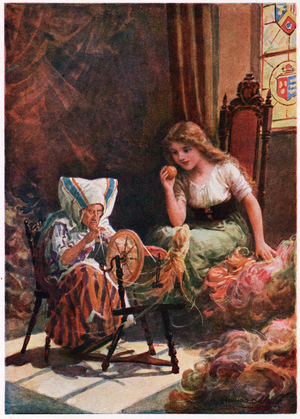 'Thousands of skeins of the softest silk', from Italian Fairy Tales, by Lilia E. Romano, published by Raphael Tuck & Sons (colour litho)
