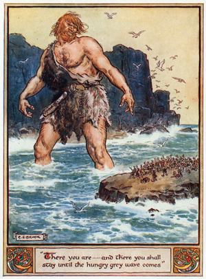 'There you are...and there you shall stay until the hungry grey wave comes', illustration from 'The Heroes of Asgard, Tales from Scandinavian Mythology', by A & E Keary, 1930 (colour litho)