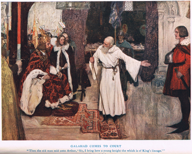 Galahad comes to Court, illustration from 'King Arthur' (colour litho)