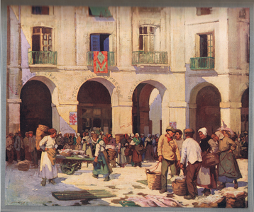 Fish market at Dieppe, from 'Allies in Art' published c.1925 (colour litho)