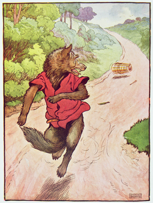 'He ran away as fast as his legs would take him', illustration from 'The Three Little Pigs', published 1930s (colour litho)
