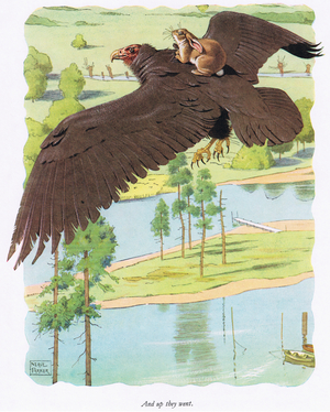 And up they went, illustration from 'Uncle Remus' by Joel Chandler Harris (colour litho)