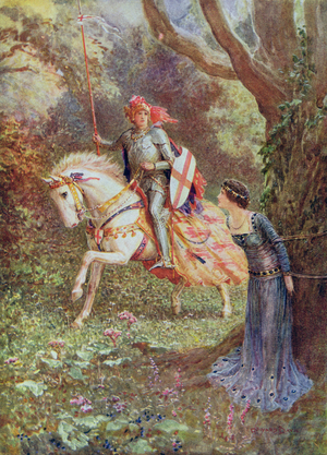 He saw a lady of surpassing beauty, from 'St. George and the Dragon', The Seven Champions of Christendom, by Rose Yeatman Woolf, published by Raphael Tuck, 1920s (colour litho)