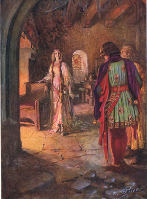 Geraint had never seen so fair and sweet a lady, illustration from 'The Children's Tennyson: Stories in Prose and Verse from Alfred Lord Tennyson' by May Byron, 1910 (colour litho)