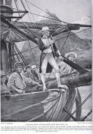 Captain Cook approaching New Zealand, illustration from 'Hutchinson's Story of the British Nation', c.1923 (litho)