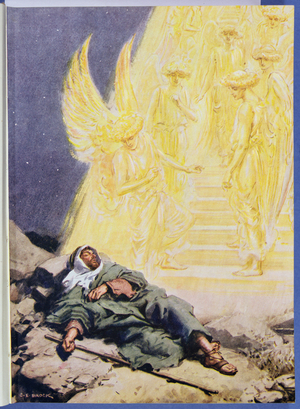 'He sees a winding staircase, reaching from Earth to Heaven, brilliant with glory', illustration from 'Through the Bible', Virtue Publishing, 1928 (colour litho)