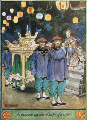 A Palanquin appeared at the foot of the steps, illustration from 'The Cuckoo Clock' by Mrs Molesworth, published by Macmillan in 1930 (colour litho)