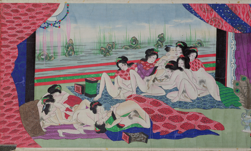 A 'Shunga' (erotic) print: 'the Island of Women': the orgy, pub. c.1870, (scroll)