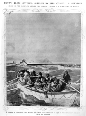 The crew and female passengers in one of the 'Titanic' lifeboats, 1912 (w/c on paper) (b/w photo)