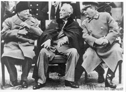 Winston Churchill (1874-1965), Franklin D.Roosevelt (1882-1945) and Joseph Stalin (1879-1953) at the Yalta Conference, 17th February 1945 (b/w photo)
