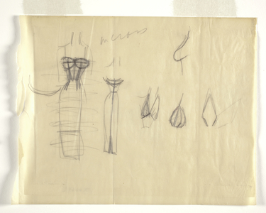 Sketch of an evening dress with various views, 1920s (pencil on paper)