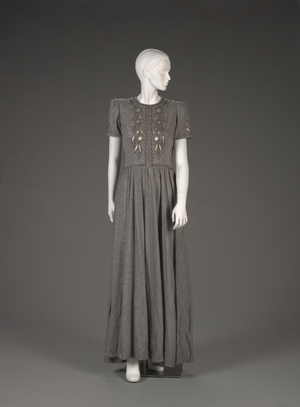 Dress, 1940s (wool jersey, metallic threads & painted leather)