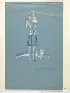 Sketch of a two-piece, blue and white dress (w/c on paper)