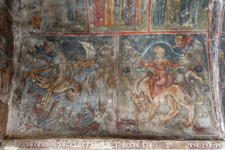 Ancient frescoes; wall paintings with Pre-Christian themes; sea god Poseidon; earth goddess Gaia; Panagia and Sotiras Church; Greek Orthodox church; Roustika; Crete; Greece; Europe