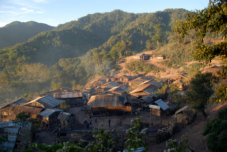 Huts with corrugated iron roofs of the Akha Phixor ethnic group in the mountains; Ban Moxoxang village; Phongsali district and province; Laos; Southeast Asia; Asia