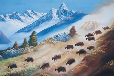 Art; painting of a herd of yaks below Ama Dablam Mountain; country life; gallery in Kathmandu; Nepal; Asia