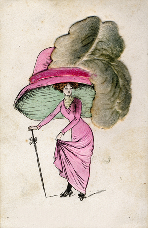 Cartoon on the fashion of hats, circa 1900.