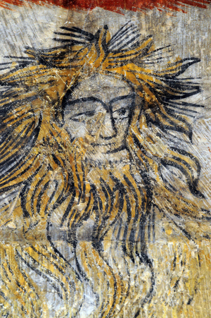 Face of the Devil depicted on a 14th century fresco Torre del Homenaje, Parador Spain Devil, fourteen-century Gothic wall wall in Torre del Homenaje, Parador, Teruel Province, Spain