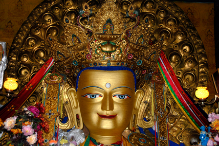 Tibetan Buddhism; the golden face of a Maitreya Lakhang Buddha richly decorated with precious stones; the Buddha of the Future; Drepung Monastery; Lhasa; Himalayas; Tibet Autonomous Region; People's Republic of China; Asia