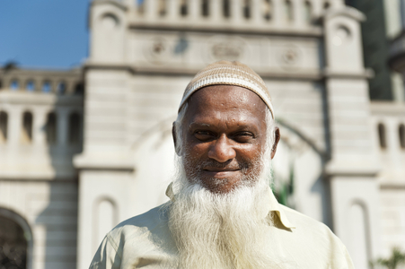 Devout Muslim with cap and long white beard; Al-Akbar Mosque; Colombo; Sri Lanka; Asia