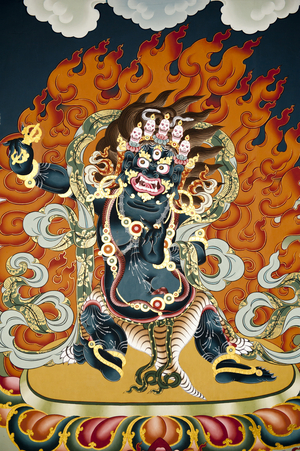 Tibetan Buddhism; blue demon in flames; Vighnanthaka; Vignari; keeper of the mandalas; Tashichho Dzong; seat of the government; capital of Thimphu; the Himalayas; Kingdom of Bhutan; South Asia; Asia