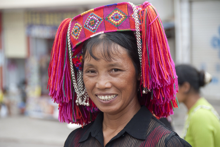 Woman of the Yi or Hani ethnic minority wearing colourful headware at a festival; Jiangcheng; Pu'er City; Yunnan Province; People's Republic of China; Southeast Asia; Asia