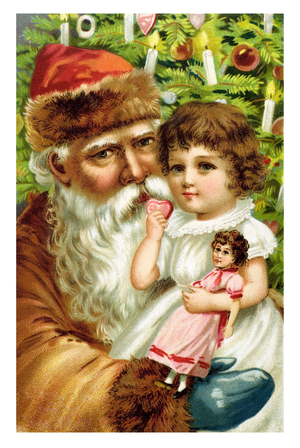 Christmas greeting card depicting Father Christmas with a little girl on his lap and a doll in his arms against a Christmas tree background. Chromolithography of the 19th century.
