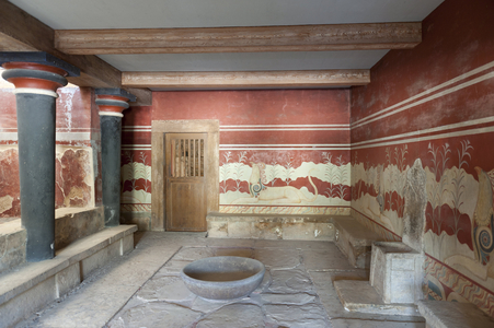 Archaeology; Minoan civilisation; antiquity; throne room with an alabaster throne; reconstruction according to archaeologist Sir Arthur Evans; Palace of Knossos; Crete; Greece; Europe